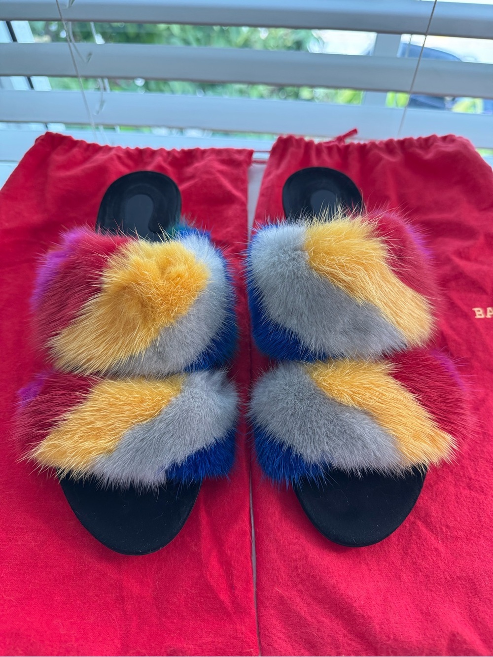 Salvatore Ferragamo Multicolor Mink Fur Slide Sandals Size 6